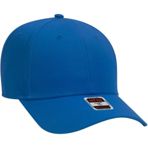 A blue 6-panel baseball cap with a curved brim and a branded tag on the side.