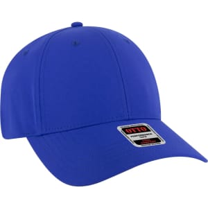 A blue six-panel baseball cap with a structured design and a branded label on the front.