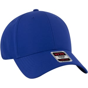 A blue six-panel baseball cap with a curved brim and a brand logo on the side.