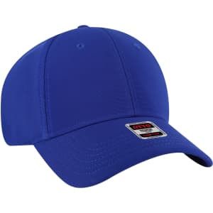 A blue low profile baseball cap with a rounded crown and a rectangular logo on the front.