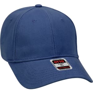 A blue 6-panel baseball cap with a curved brim and a logo on the side.