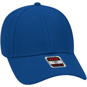 A blue 6 panel baseball cap with a low profile design and a branding label on the front.