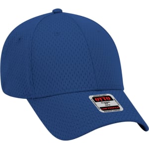 A blue 6-panel baseball cap with a low-profile design and a branding label on the front.