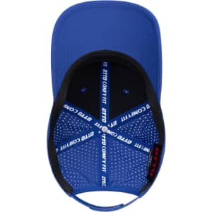 A blue 6 panel low profile perforated baseball cap featuring an internal comfort fit design and a logo.