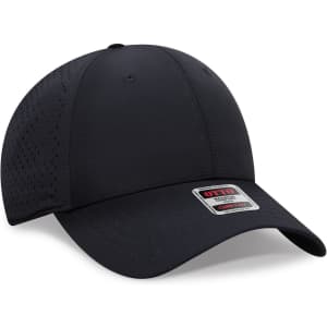 A low-profile, perforated baseball cap in black with a logo on a patch.