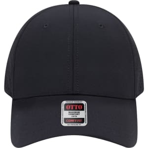 A black 6-panel low profile baseball cap with perforations and a logo tag at the front.
