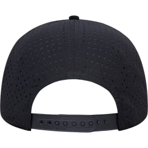 A black 6 panel low profile perforated baseball cap with an adjustable strap at the back and a logo.