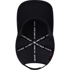 A black low profile perforated baseball cap featuring an adjustable strap and inner branding.