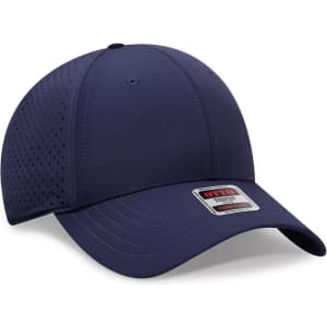 A navy blue 6-panel low profile perforated baseball cap with a logo on the front.