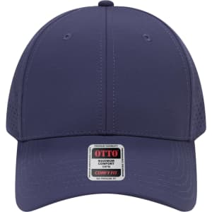 A purple 6 panel low profile perforated baseball cap with a logo tag on the front.