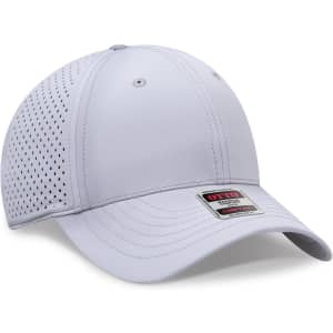 A light grey 6-panel low profile perforated baseball cap with a logo on the front.