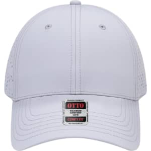 A white 6 panel low profile baseball cap with perforated sides and a branded tag at the front.