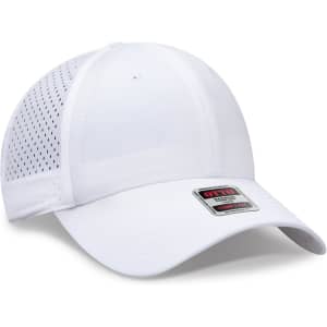 A white 6-panel low profile baseball cap with perforated sides and a logo on the front.