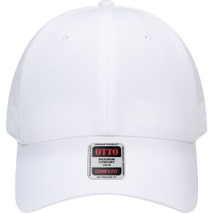 A white 6 panel low-profile baseball cap with perforations and a logo on the front.