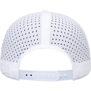 A white 6-panel low profile perforated baseball cap featuring a rear adjustable strap and a logo.