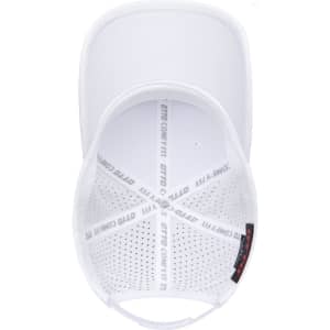 A white 6-panel low profile perforated baseball cap featuring a logo on the front and an adjustable strap at the back.