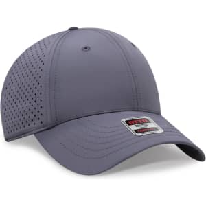 A grey 6-panel low profile perforated baseball cap featuring a logo on the front.