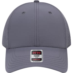 A grey six-panel low profile baseball cap with perforated detailing and a logo on the front.