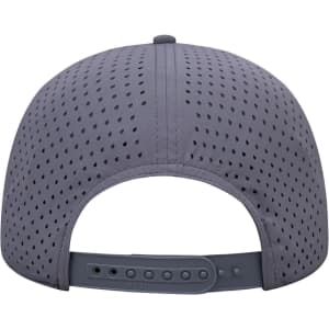 A grey perforated 6 panel low profile baseball cap with an adjustable strap at the back. Features a logo.