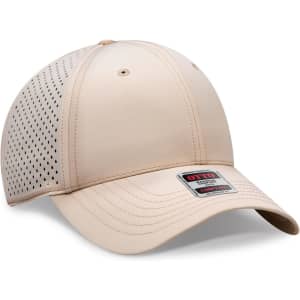 A beige 6-panel low profile baseball cap with perforated sides and a logo on the front.