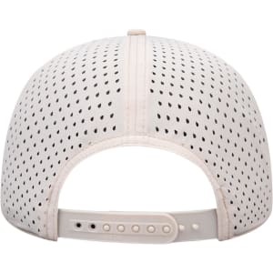 A perforated, low-profile baseball cap in a light colour with a snapback closure and a logo.