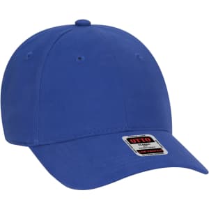 A blue 6 panel baseball cap featuring a branded logo. The cap has a low profile design and a curved peak.