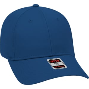A blue 6 panel baseball cap with a low profile design and a logo on the label.