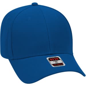 A blue 6 panel baseball cap with a low profile design and a small logo on the tag.