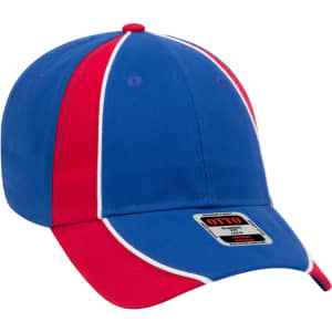 A blue and red 6-panel baseball cap with white detailing and a logo on the front.