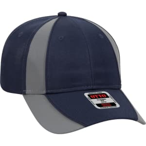 A six-panel baseball cap in navy and grey, featuring a logo on the front.