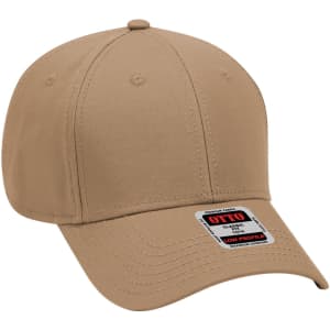 A tan, six-panel low-profile baseball cap with a structured design and a branded label.