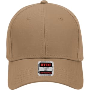 A tan low-profile baseball cap featuring a logo on the front and a classic six-panel design.