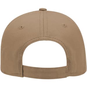 A beige 6 panel low profile baseball cap featuring an adjustable strap at the back and a logo.
