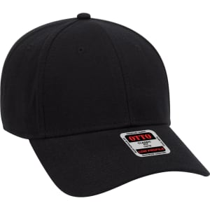 A black 6-panel baseball cap featuring a low profile design and a logo on the front.