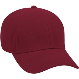 A maroon 6-panel baseball cap featuring a rounded crown and a curved peak. It has a simple design with a logo.