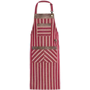 A red and cream striped apron featuring multiple pockets and a brown leather trim, complete with a logo.