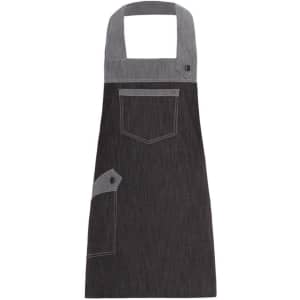 A dark grey apron with a square neck, pockets, and a contrasting lighter grey panel at the top. It features a logo.