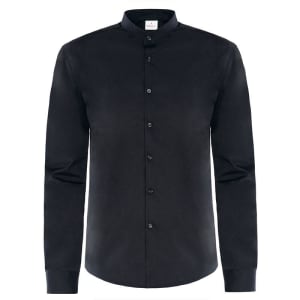 A black long-sleeved shirt with a stand-up collar and button-down front, featuring a branding logo.