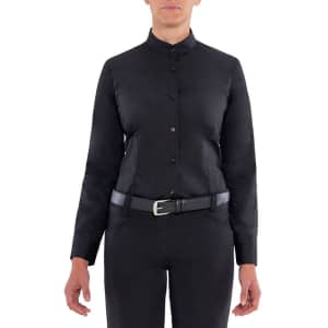 A black long-sleeve shirt with a button-up front and a high collar, worn by a person with a belt.