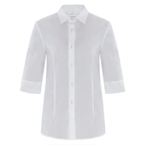 A white, long-sleeve shirt with a collar and button-down front. It features three-quarter length sleeves.