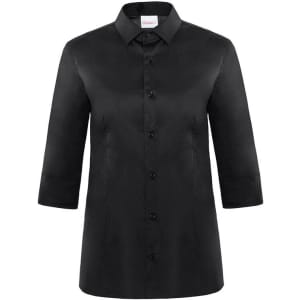 A black Flavia shirt with a collar, three-quarter sleeves, and a button-up front. It features a logo.