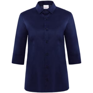 A navy blue Flavia shirt with a button-down front and three-quarter sleeves, featuring a collar and a logo.