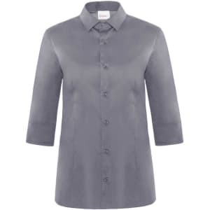 A grey Flavia shirt with three-quarter sleeves and a button-up front, featuring a collar and a brand logo.