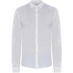 A white long-sleeved shirt with a button-up front and a classic collar. It features a subtle texture and a branding logo.