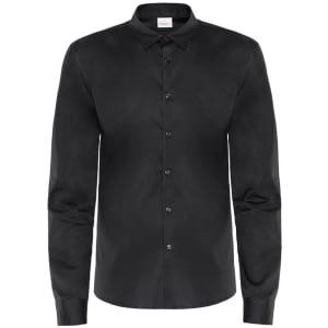A black dress shirt with long sleeves and a button-down collar, featuring a logo on the label.