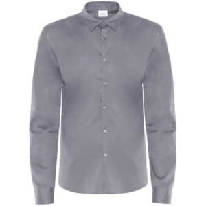 A grey long-sleeved shirt with a button front and collar, featuring a logo on the label.