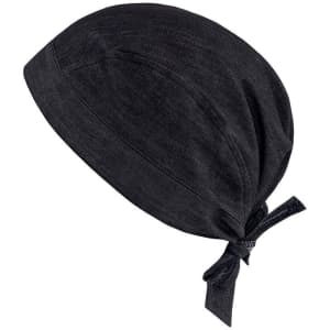 A black bandana with a tied back design, featuring a simple, sleek look. It has a branding logo.