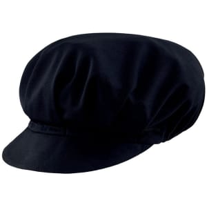 A navy blue cap with a round, structured design and a short brim. It features a gathered fabric style and a logo.