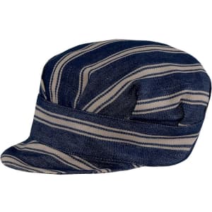 A blue and cream striped hat with a rounded crown and a short brim. The hat features a logo on its side.