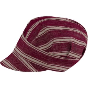 A maroon and cream striped hat with a unique design and a logo.